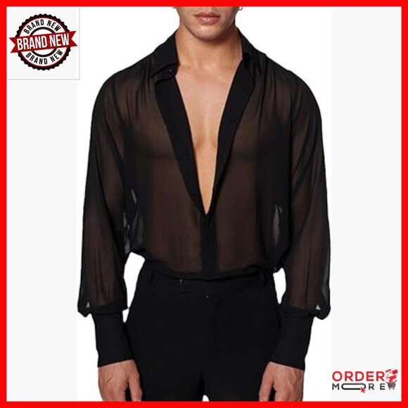 Men's Sheer Mesh Long Sleeve Button Down Shirt Rave Party Top